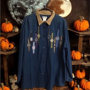 Women 18W/20W Bobbie Brooks Vintage Denim Button Shirt with suede collar